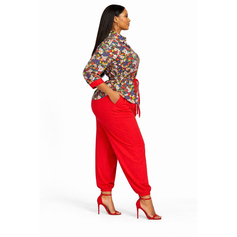 Floral Print Top and Red Trousers Two Piece Set